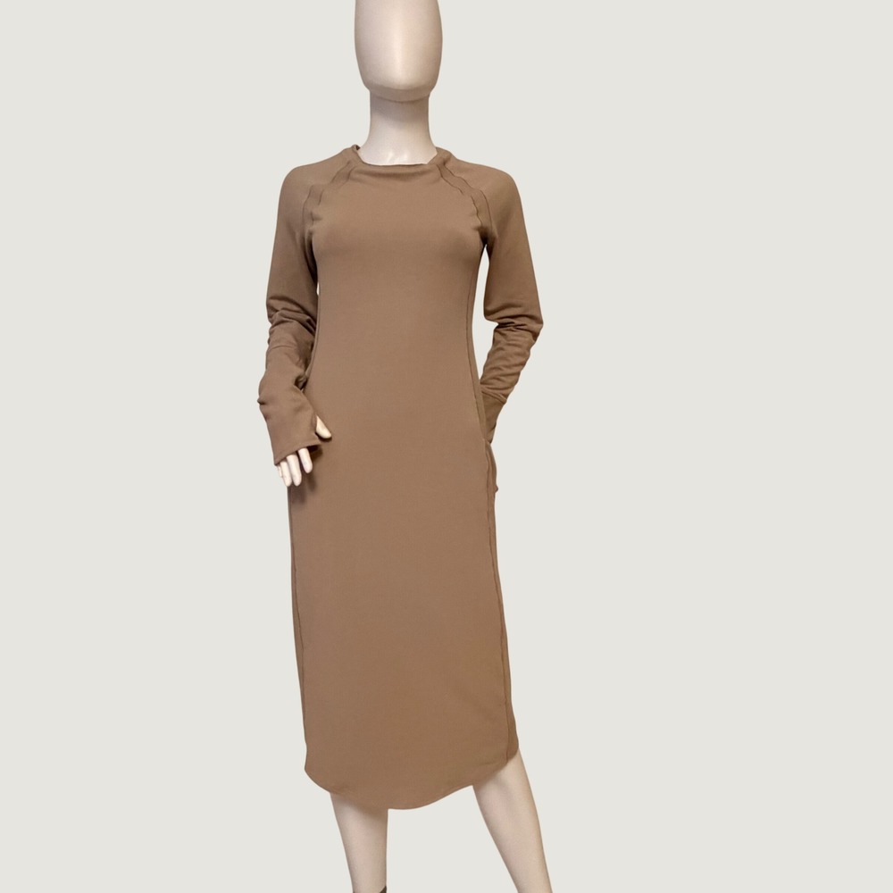 Lululemon Womens Tan Long Sleeve Midi Dress with Pockets and Thumbholes Size M